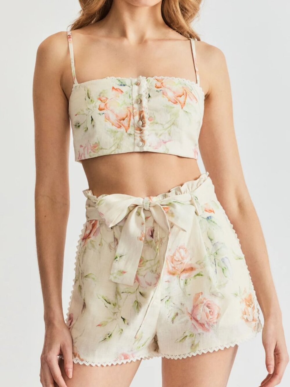 CAROLINE CONSTAS Ivory Floral Linen Blend Waist Belted Rise Shorts, Size S